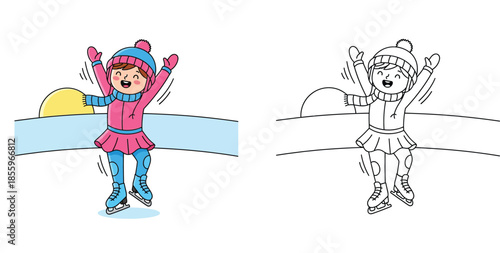 Coloring page of happy cartoon girl ice skating and jumping, vector illustration with outline and color example for kids