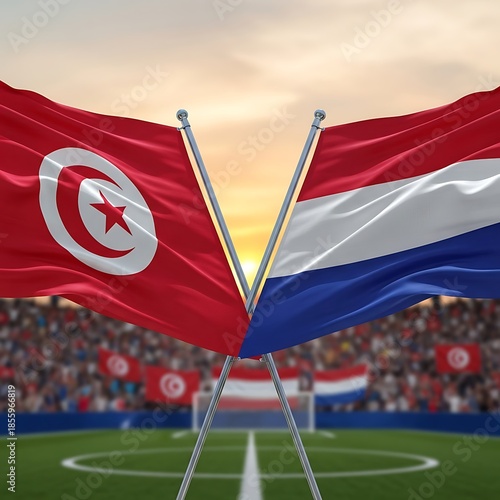 Tunisia and Netherlands flags crossed stadium crowd sunset sky football game