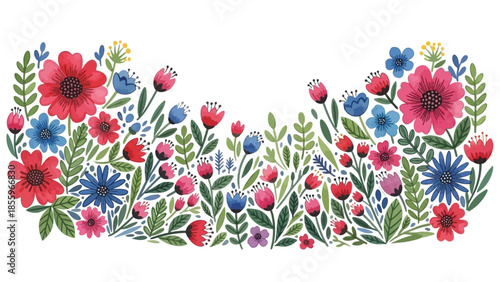 A beautiful and colorful watercolor illustration forms a decorative border of folk-style flowers, featuring vibrant red, blue, and pink blossoms with green leaves on a white background.