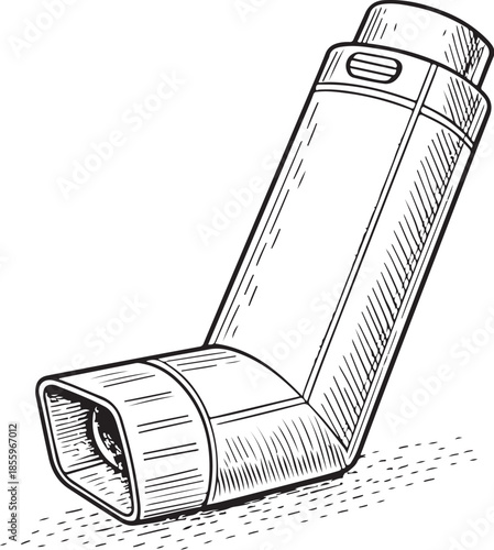Asthma Inhaler Hand-drawn Sketch Drawing Vector Illustration, Line Linear Symbol Engraving Coloring Book, Black and White Isolated