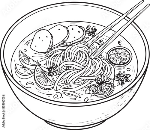 Pho Bo Noodle Soup in Bowl Hand-drawn Sketch Drawing Vector Illustration, Line Linear Symbol Engraving Coloring Book, Black and White Isolated
