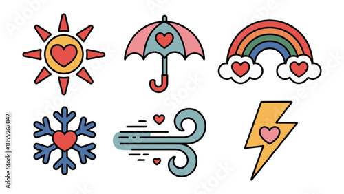 Whimsical Weather Icons: An enchanting collection of weather symbols, each imbued with a heart-shaped motif, dancing together to evoke a sense of love, joy, and the ever-changing beauty of nature.