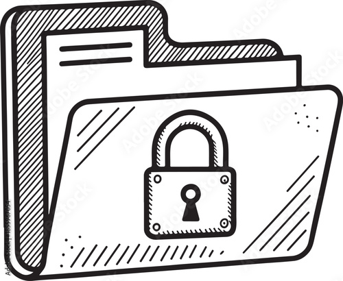 Locked Folder with Lock, Protected Documentation, Hand-drawn Sketch Drawing Vector Illustration, Line Linear Symbol Engraving Coloring Book, Black and White Isolated
