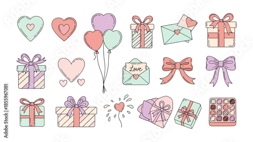 Valentine's Day Elements: A collection of charming hand-drawn illustrations that exude romance and celebration, each element is a testament to the warmth of love. 