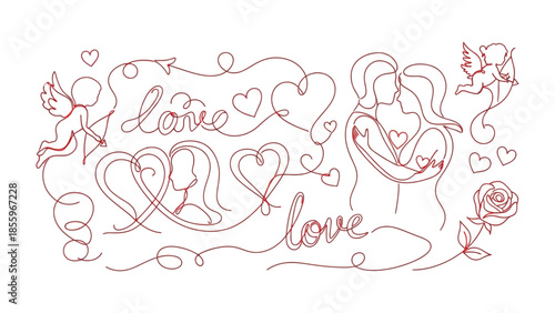 Eternal Love's Embrace: A delicate and seamless sketch illustrates the essence of love and romance, featuring intertwined hearts, and embracing figures in a tender, minimalist design.