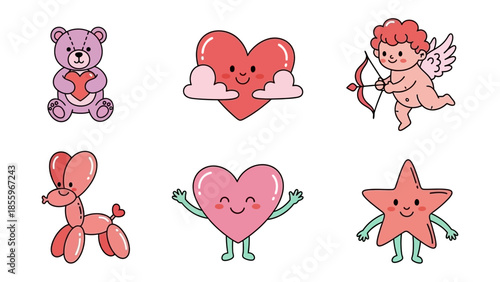 Valentine's Day Icon Set: A delightful collection of playful and charming illustrations celebrating love, hearts, and the spirit of Valentine's Day. Featuring a teddy bear, cherub.