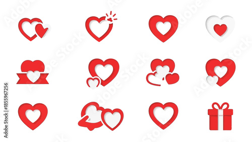 Love's Emblematic Array: A vibrant collage of hearts, each a unique symbol of affection, rendered in a striking red hue. Representing love, passion, and the joy of connection.