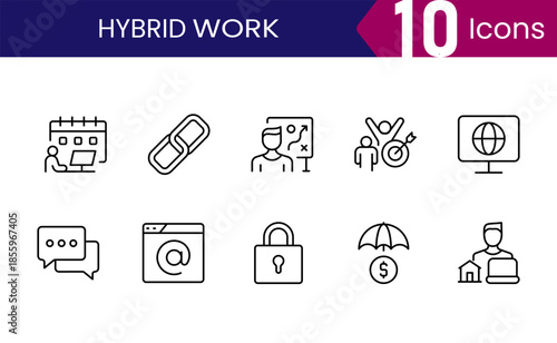 Hybrid work icon pack for remote jobs, office teams and flexible workplaces, simple minimal outline symbols for modern business, apps and web design