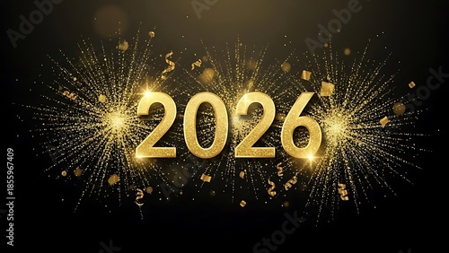 New Year 2026 Golden Glitter Background with Festive Fireworks Display