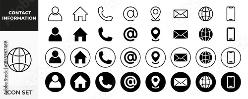 Business card contact information icons set. Containing information, user, home, call, mail, phone, web, vector illustration