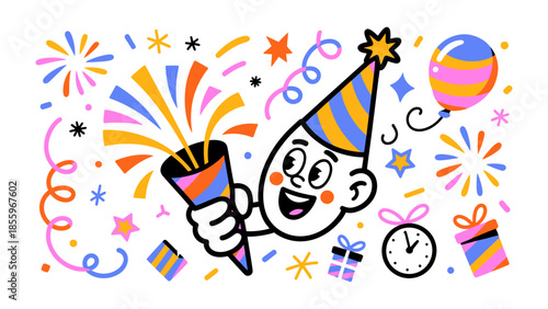 New Year's Celebration: A cartoon illustration captures the lively spirit of a new year's celebration, with a festive character surrounded by confetti, fireworks, and celebratory items.