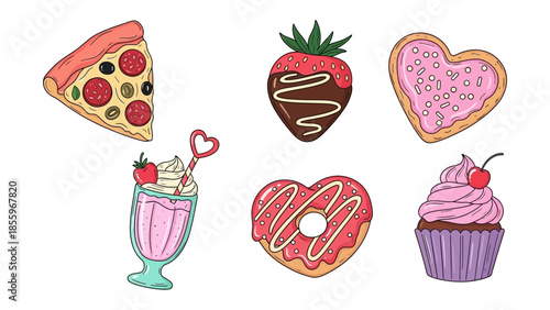 Sweet Treats Array: A delicious arrangement of culinary delights, featuring a slice of pizza, a chocolate-covered strawberry, a heart-shaped cookie, a milkshake, a heart-shaped doughnut.