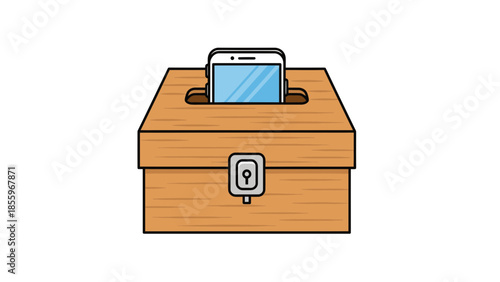Digital Detox Concept Illustration, Smartphone in Locked Wooden Box for Data Security and Privacy