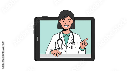 Female doctor on tablet screen for telemedicine services, online health consultation, and digital medical healthcare concept in flat line art style