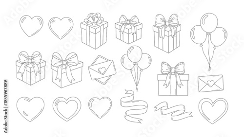Gift-Giving Essentials: An array of charming, outline illustrations featuring hearts, presents, bows, balloons, and decorative ribbons, perfect for conveying sentiments of love and celebration.