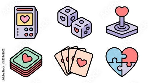Games of Love: An array of game elements, each bearing a symbol of affection, come together in a vibrant display. A heart-shaped puzzle signifies unity. A deck of cards represents love.