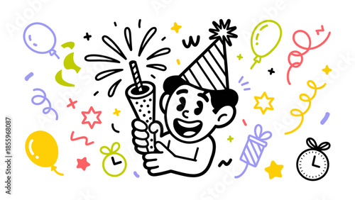 Celebratory Whimsy: An illustrated scene of festive cheer, a gleeful figure ignites a party popper, surrounded by celebratory elements, evoking a sense of fun and joy.