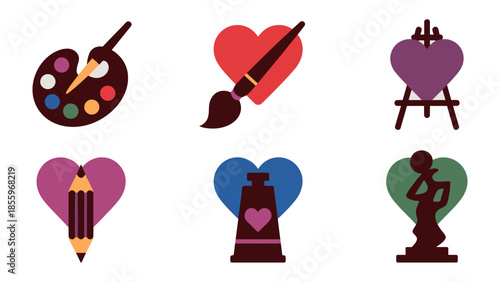 Artistic Hearts: A collection of heart-shaped illustrations each symbolizing a facet of artistic creation, from palettes and brushes to easels, pencils, and sculptures.