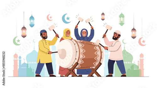 Eid celebration with drum performance, mosque background, lanterns, crescent moons, and joyful community gathering