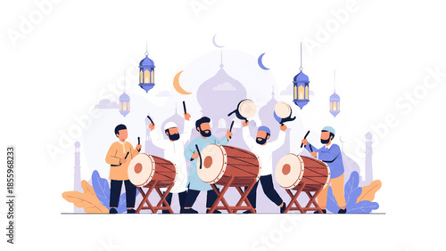 Eid celebration with drum performance, mosque background, lanterns, crescent moons, and joyful community gathering
