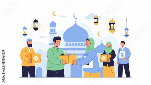 Ramadan charity illustration with mosque background, crescent moon, lanterns, and community giving
