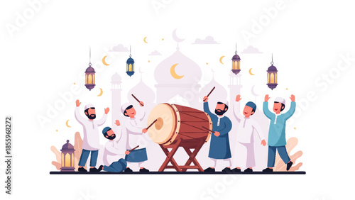 Eid celebration with drum performance, mosque background, lanterns, crescent moons, and joyful community gathering