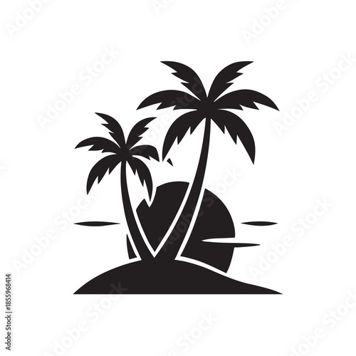 Black palm trees and tropical beach isolated on white background. Palm silhouettes. Design of palm trees for posters, banners and promotional items. Vector illustration