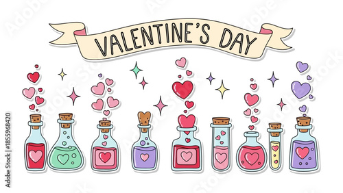 Valentine's Day Love Potions: Celebrate Valentine's Day with a delightful display of enchanting love potions, each vial filled with swirling hearts and magical ingredients.