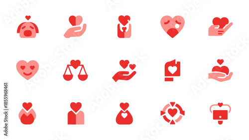 Love Icons: A visual collection showcasing the essence of love through diverse heart-shaped icons, embodying feelings of compassion, care, and connection.