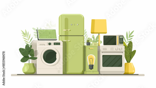 Vector illustration of modern home appliances with green and yellow accents