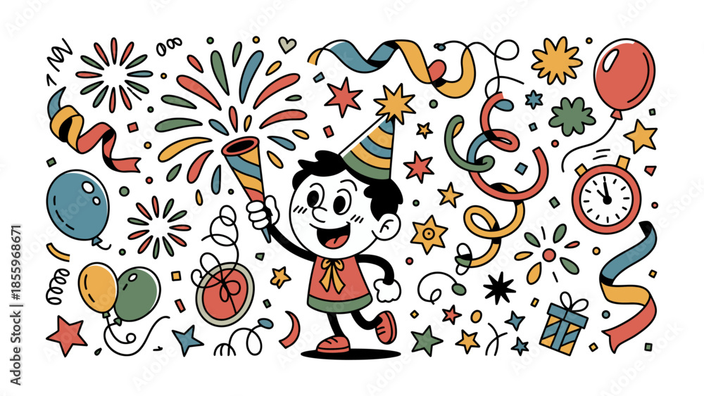 Fototapeta premium Celebration: Vibrant illustration showcasing a joyful child surrounded by party elements, radiating excitement. 