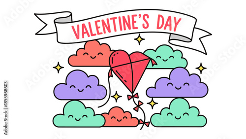Valentine's Day cloud kite: An adorable Valentine's Day illustration featuring a heart-shaped kite soaring amidst smiling clouds, all under a festive banner. A cheerful and heartwarming scene.