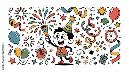Celebration: Vibrant illustration showcasing a joyful child surrounded by party elements, radiating excitement. 