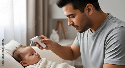 Father gently checking his baby's temperature at home, demonstrating parental care and health monitoring concept for infant wellness.