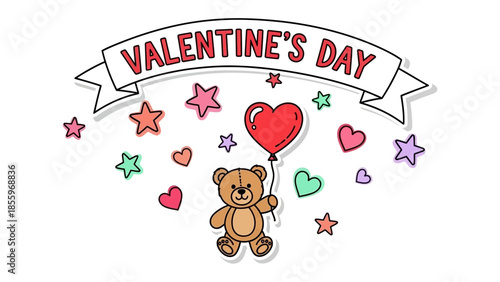 Valentine's Day Teddy Bear: A charming illustration capturing the spirit of love, with a cuddly teddy bear holding a heart-shaped balloon amidst a cascade of hearts and stars.