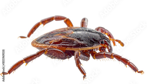 Macro shot of a tick, detailed anatomy revealed. Brown, segmented legs and oval body