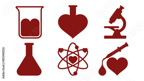 Science and Love Icon Set: A collection of meticulously crafted, elegant science and love icons with heart shapes within. Showcasing a fusion of scientific instruments.