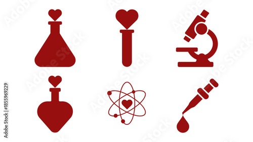 Science of Affection: Red silhouette icons of scientific tools and symbols, incorporating heart motifs, creating a visual blend of science and love.