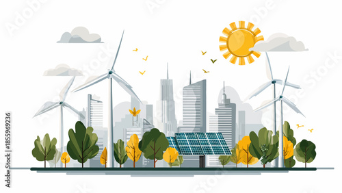 Sustainable cityscape with solar panels and wind turbines