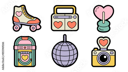 Retro Icons: An array of vintage illustrations in a groovy, retro style, featuring roller skate, boombox, love heart, jukebox, disco ball, and camera – capturing the essence of the 70s.