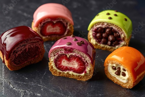A row of donuts with different colored frosting and one with a hole in it