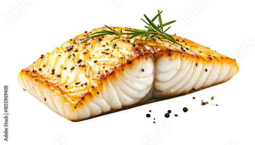Close-up of a pan-seared, seasoned white fish fillet with rosemary sprig on a black background