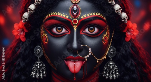 The fierce transcendence of Shyama Kali: A cinematic close-up of the dark Mahakali with blood-dripping tongue, sacred third eye, and ornamentation of skulls