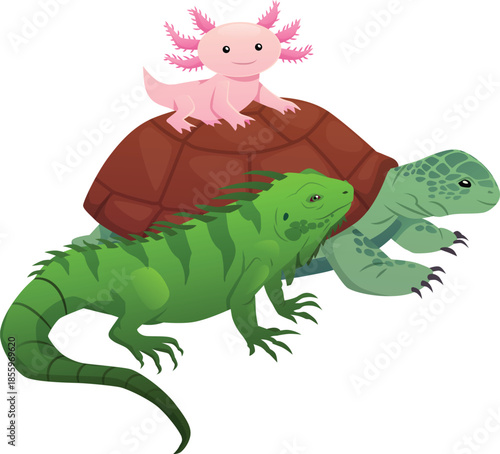 Exotic animals, turtle, iguana, axolotl, cute characters.
