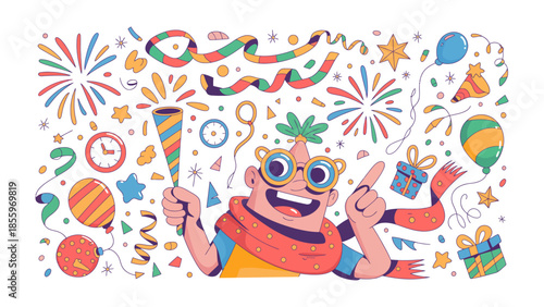 Celebration of Festivity: A joyous depiction of a person amidst an explosion of celebratory elements, including confetti, balloons, and gifts, evoking excitement and jubilation.