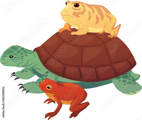 Cute sea turtle with frogs, vector cartoon tortoise with toads, reptile animals, exotic pet reptile, terrarium animals