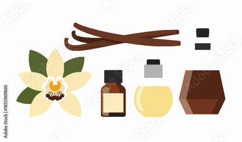 Trendy abstract vanilla flower dried pods syrup and essential oil flat vector illustration
