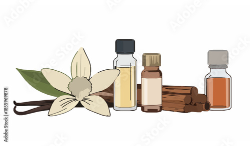 Elegant vanilla flower and dried vanilla sticks with syrup and essential oil minimalist vector