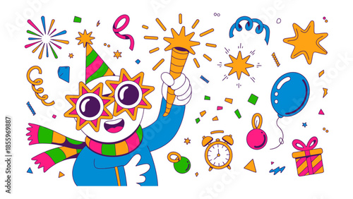 Cheerful Celebration: A whimsical character, adorned with festive glasses and attire, joyfully ignites a sparkler, surrounded by celebratory confetti and decorations.