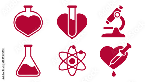 Science and Heart Illustration: A collection of heart-shaped flasks, a microscope, an atom symbol, and heart-shaped vials, all meticulously designed to represent the intersection of science and love.